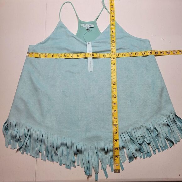 She + Sky Blue Sueded Fabric Fringe Tank Top Boho Western NEW Women's Large - Picture 7 of 7